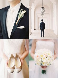 Garden roses, bridal bouquet, cream and peach, boutonniere, weddings, wedding dress