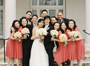 bride and groom, bridal bouquet, garden roses, boutonniere, floral head wreath, flower girl, wedding dress, bridesmaids