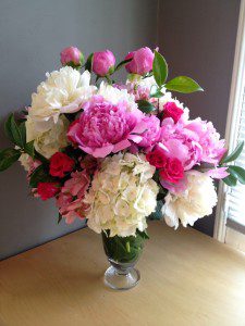 Joie de Vivre: Peonies, spray roses, and hydrangea.
