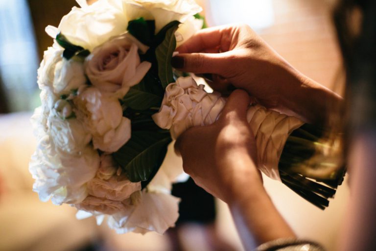 Close up of white bridal bouquet by La Petite Gardenia.