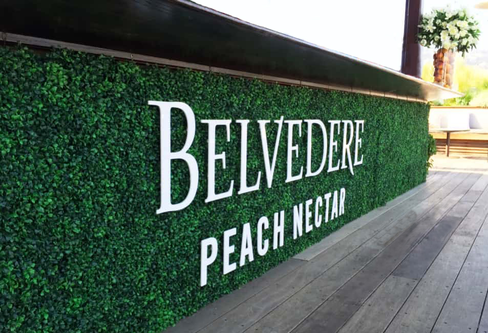 A floral wall beneath the bar with green leaves and lettering that reads "Belvedere Peach Nectar".